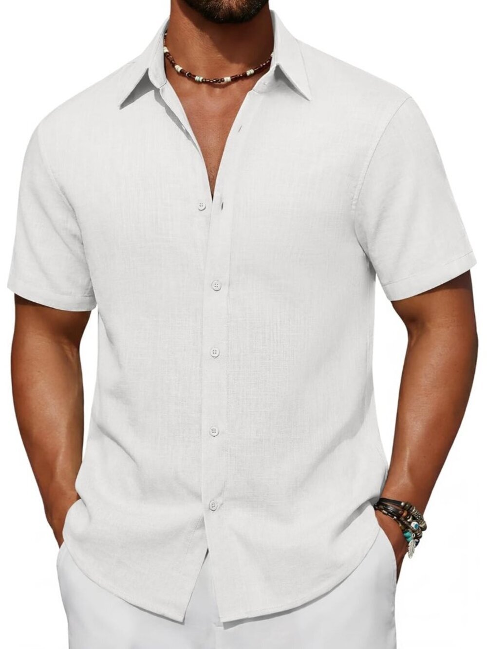Men's White Short Sleeve Button Down Cotton Linen Beach Shirt Pocket